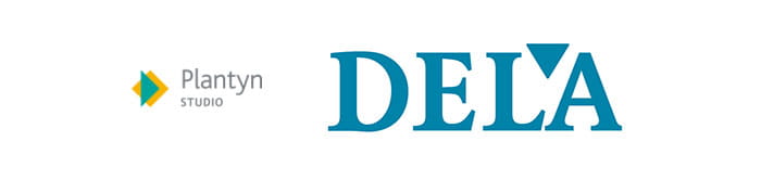 Logo’s van Plantyn Studio en DELA naast elkaar op een witte achtergrond.