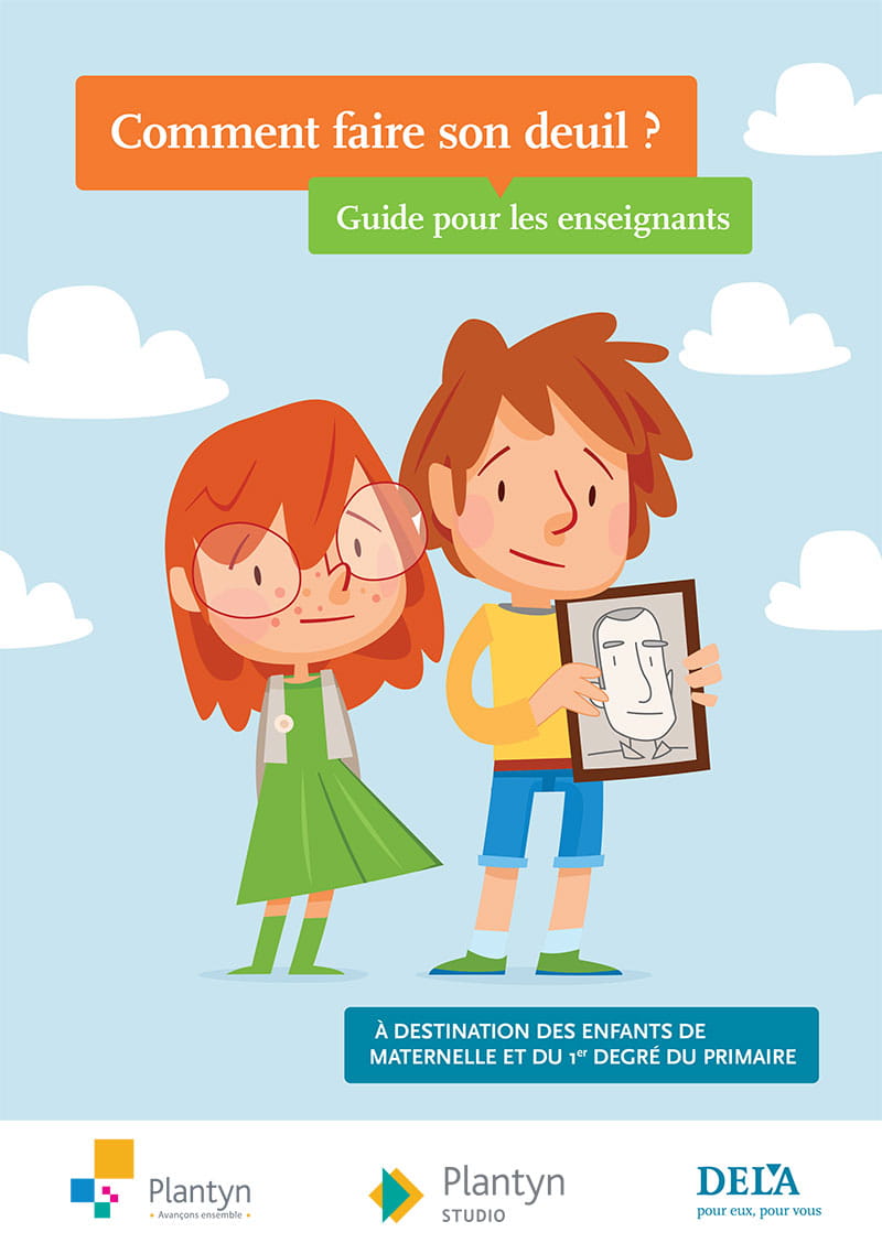 Guide pour enseignants Faire son deuil, comment faire ? sur la perte, le décès et le deuil pour les enfants de maternelle et du premier degré primaire, avec deux enfants illustrés dont l’un tient un portrait encadré.