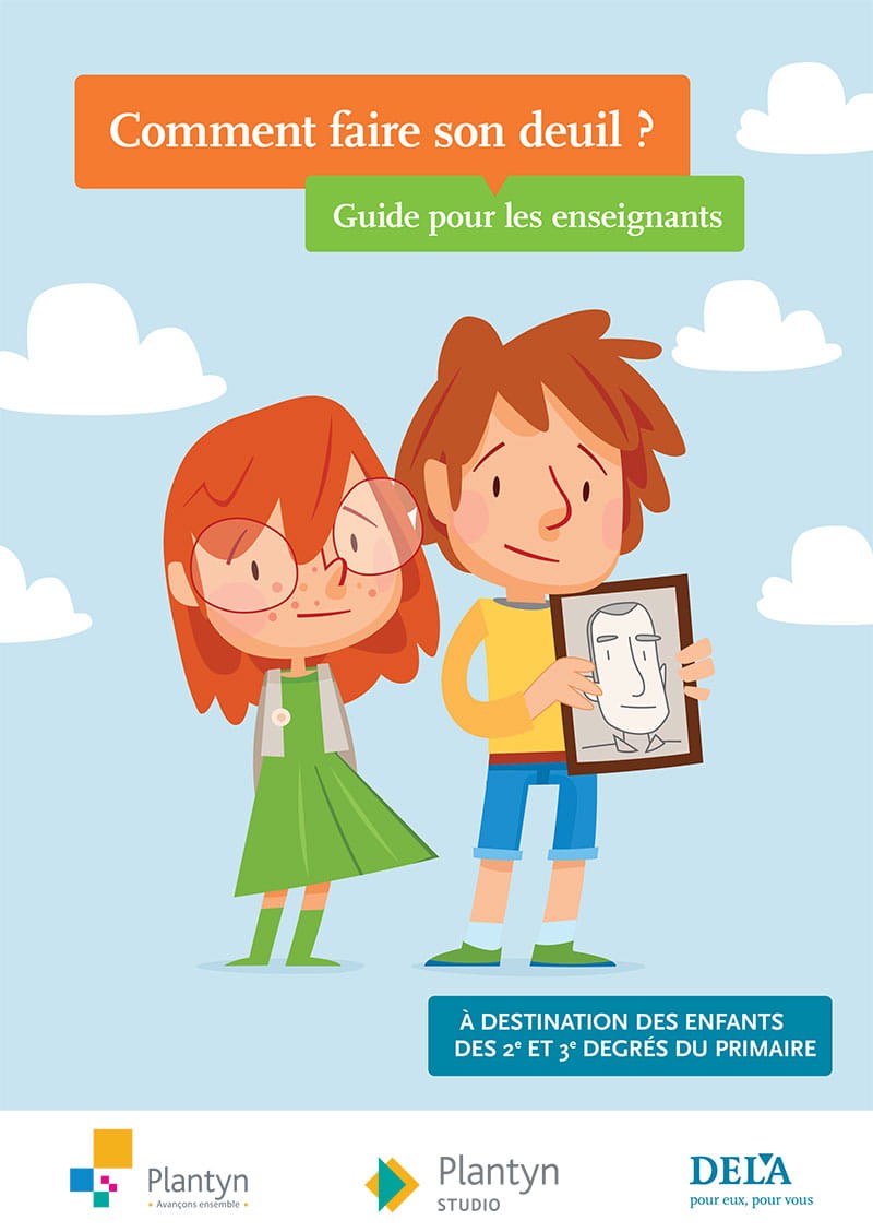 Handleiding voor leerkrachten Rouwen, hoe moet dat? over verlies, dood en rouw voor kinderen van de tweede en derde graad lager onderwijs, met twee getekende kinderen waarvan één een ingelijnd portret vasthoudt.