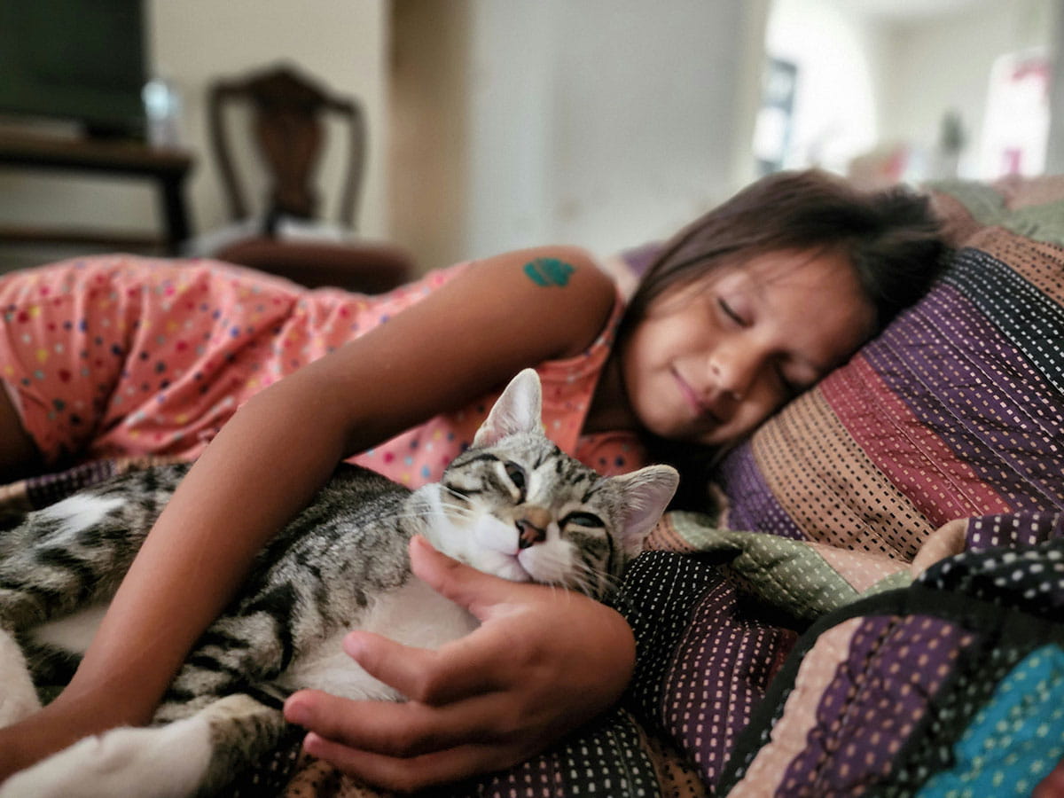 Un enfant est allongé sur un lit et tient un chat dans ses bras.