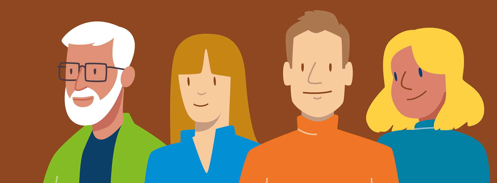 Illustration stylisée de quatre personnes côte à côte sur un fond brun.